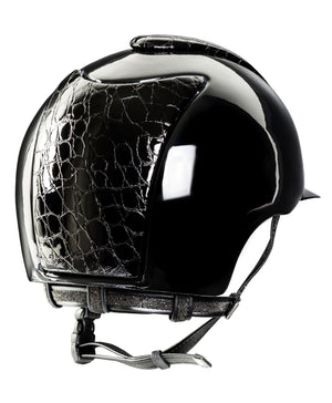 Cromo Polish Black with Croco Style Black Leather Front/Back, Swarovski Crystal Frame and Swarovski Fabric Chinstrap